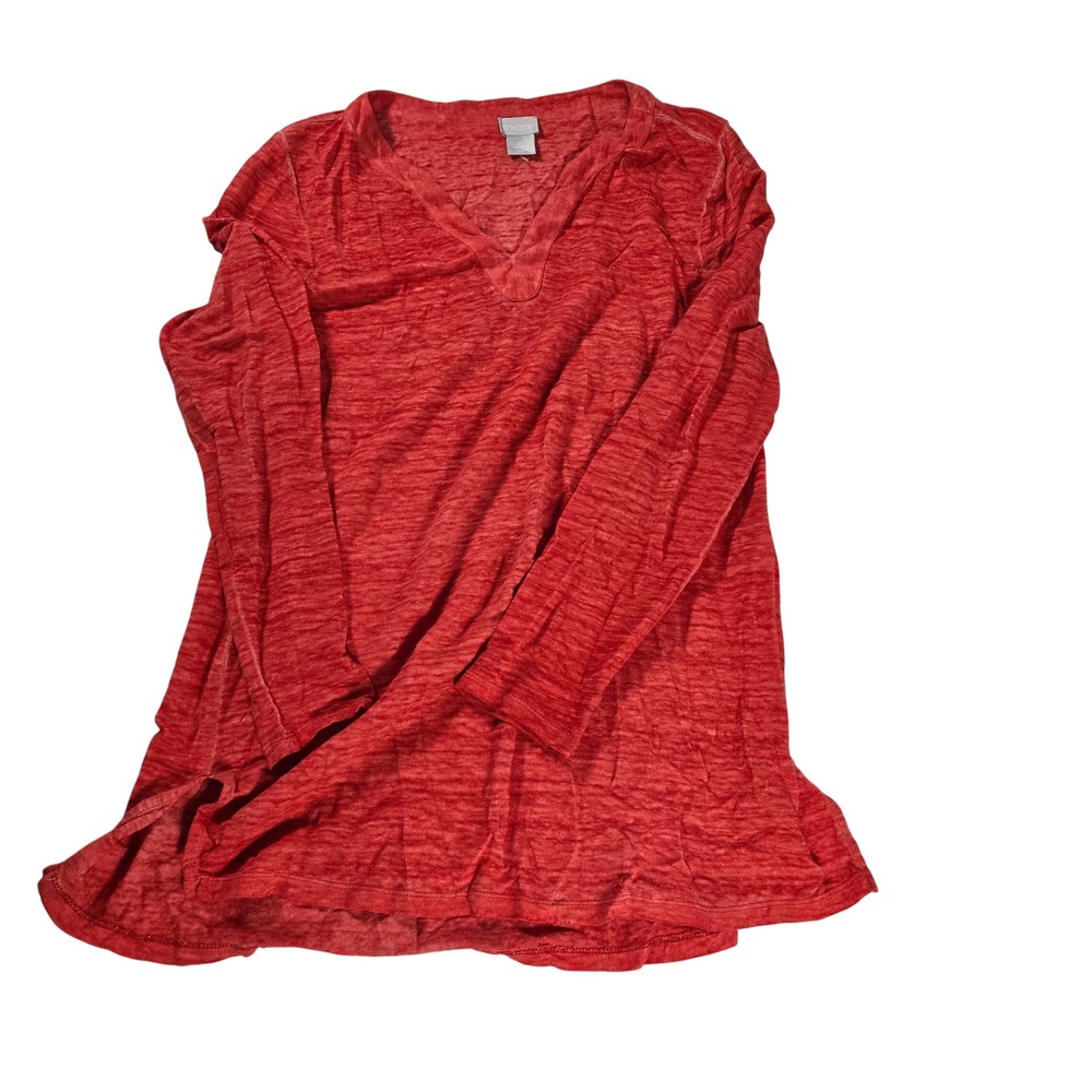 Chicos 100% Linen Long Sleeve Split Neck Slub Top Red Womens Size 0 S 12496